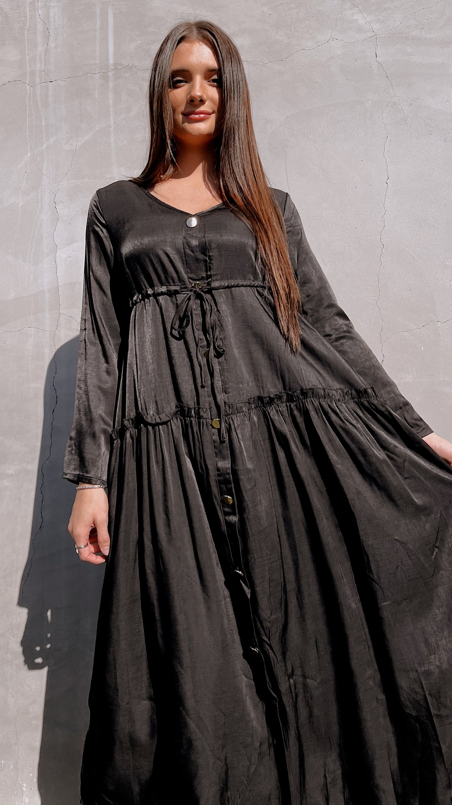 Black Long Sleeve Drawstring Dress