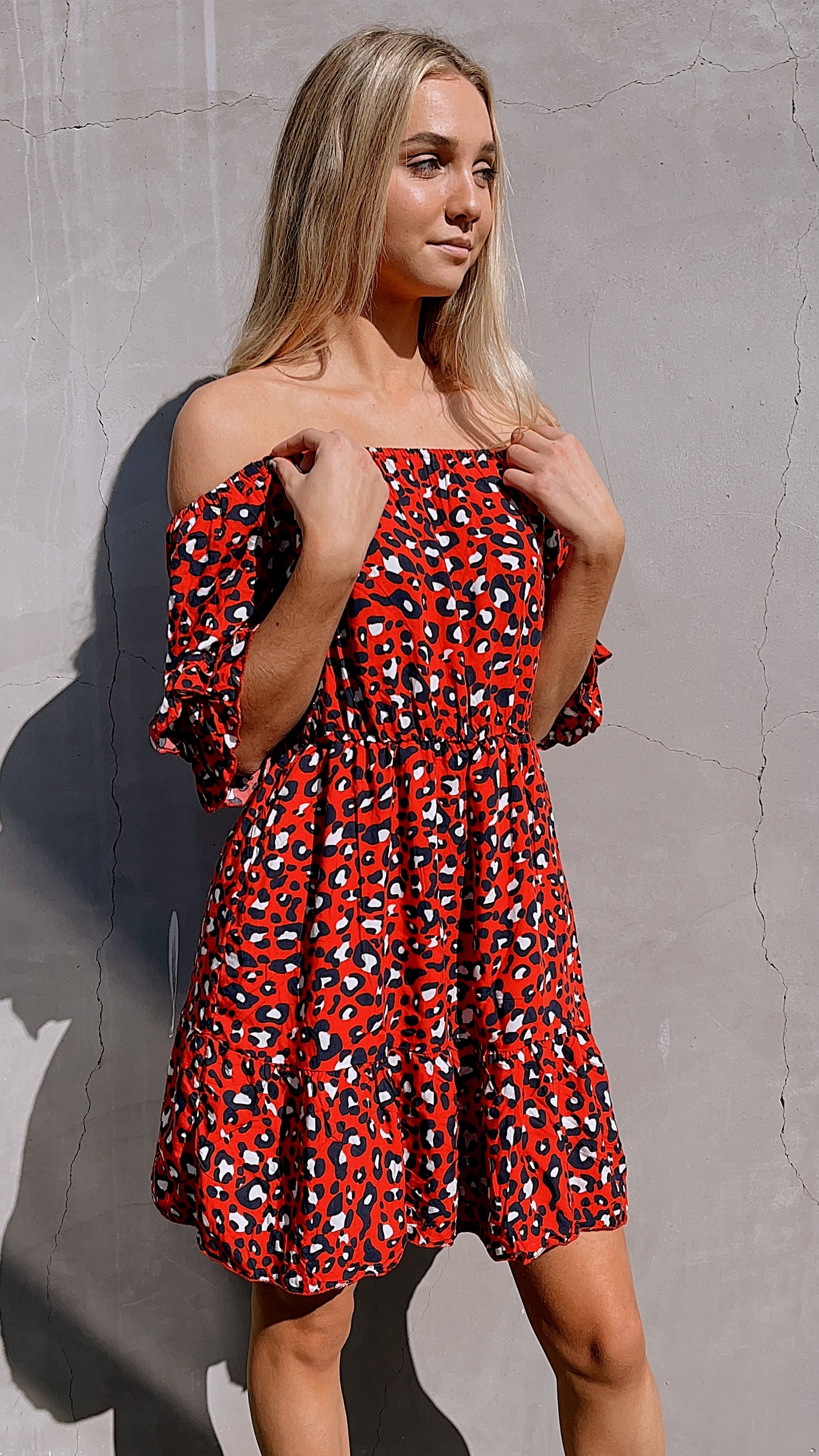 OFF-Shoulder Red Leopard Print Mini Dress